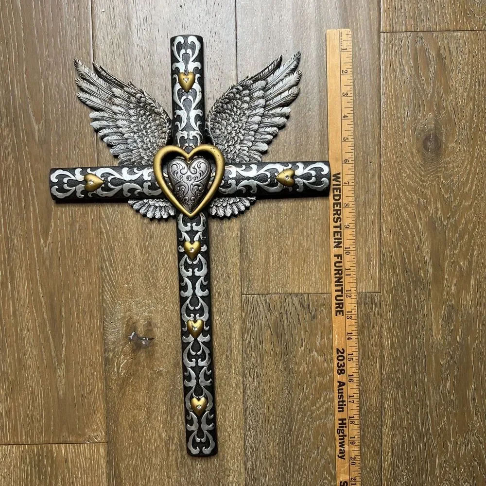 Angel Wings Cross Wall Hanging Resin Silver Gold Spiritual Religious Decor 20